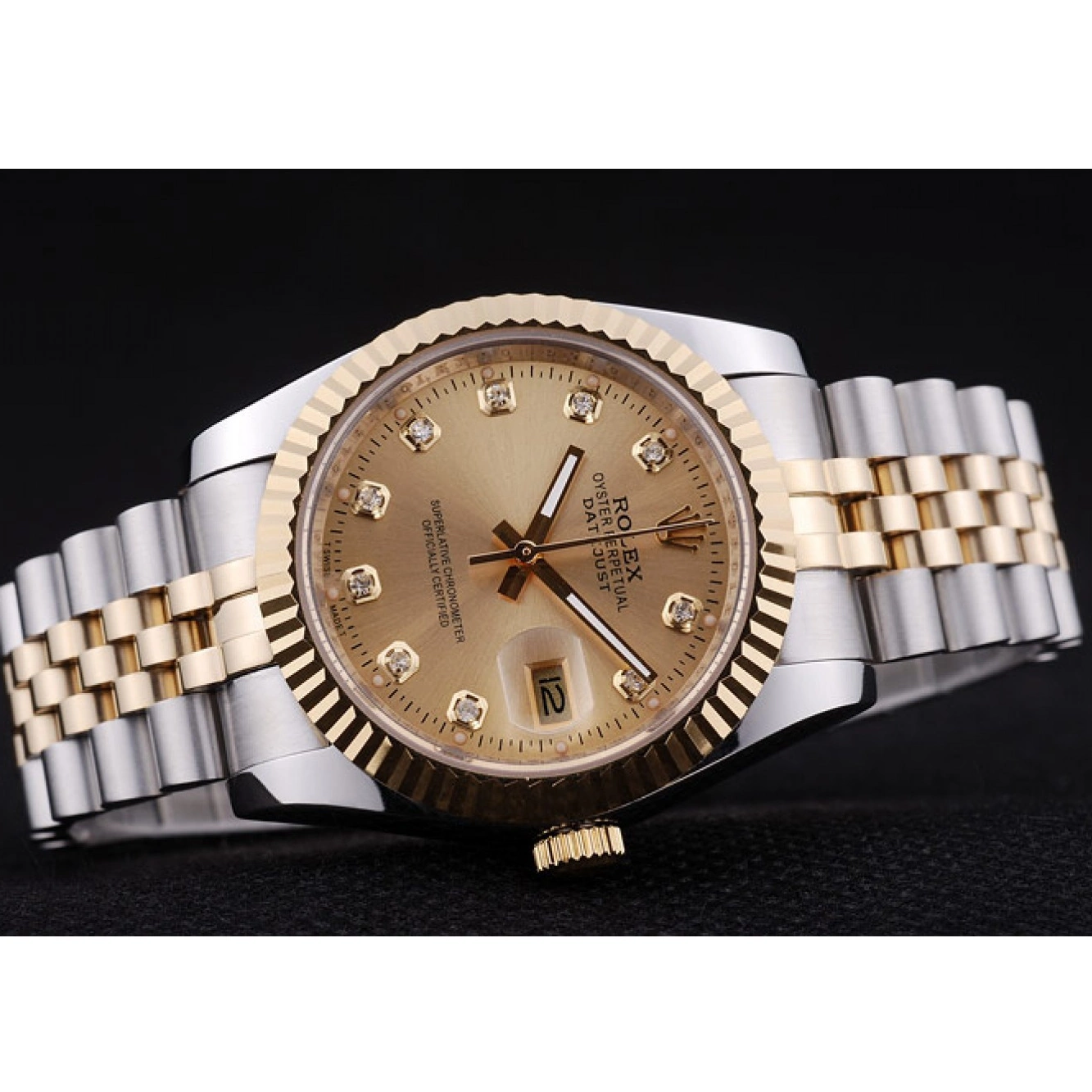 Rolex aaa copy Gold Dial Diamonds 7452 Rolex Datejust Ribbed Bezel 0605